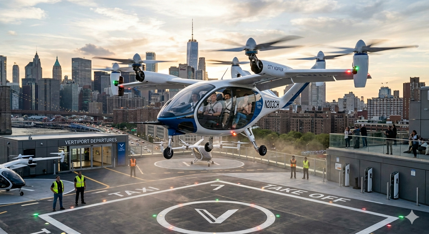 eVTOL flying taxi landing on a vertiport in Wiltz