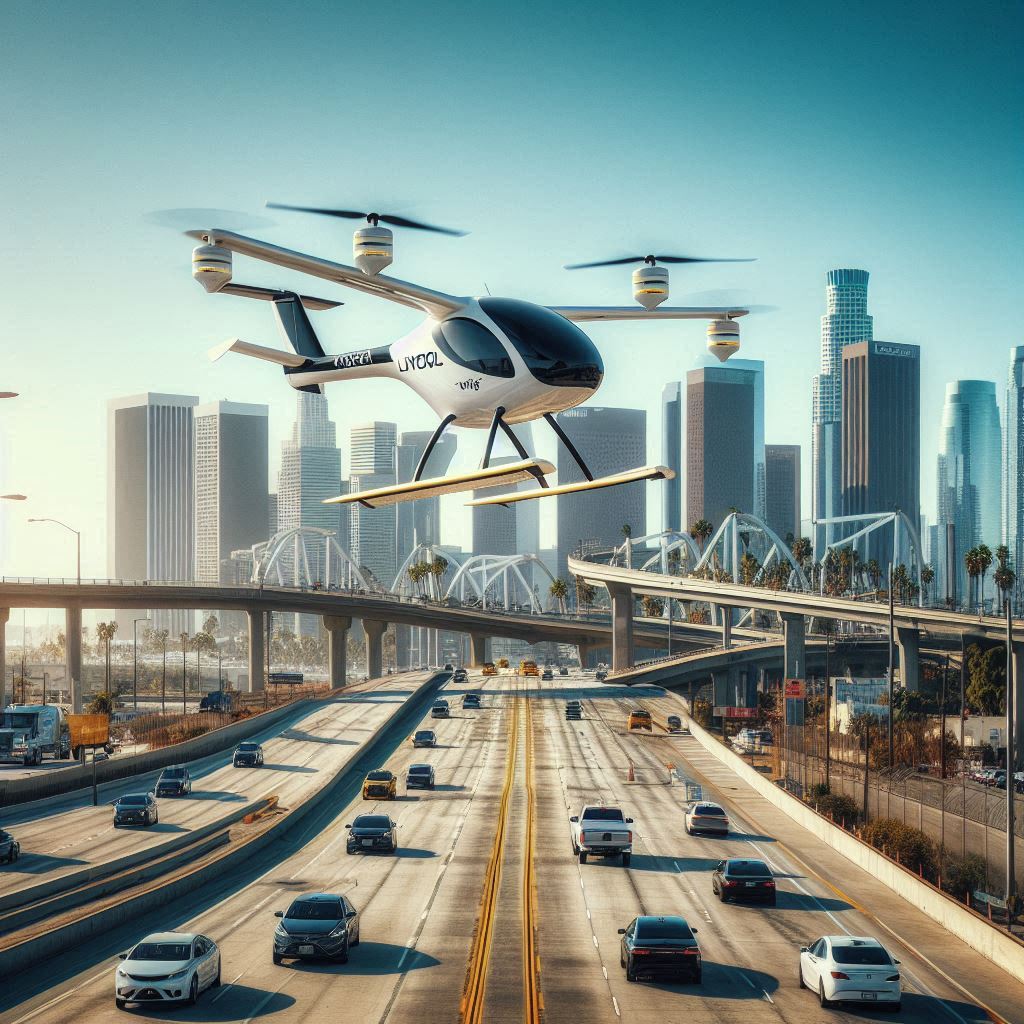 eVTOL flying taxi soaring above the city in Wiltz