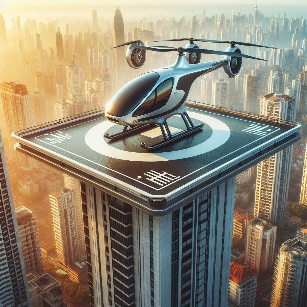 Flying taxi landing at a Wiltz rooftop