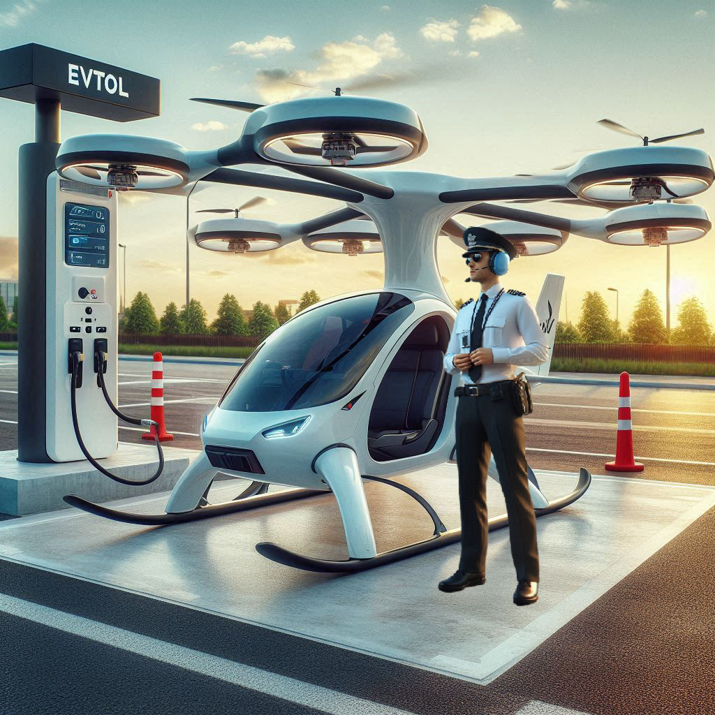 eVTOL flying taxi pilot at charging station